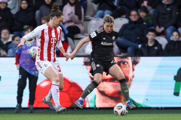 Marina Hegering 1 FC Köln and Barbara Dunst FC Bayern München battle for the ball during the Woman Bundesliga match between 1 FC Köln and Bayern München at Franz Kremer Stadion on March 15 in Cologne, Germany, Germany Photo by Oliver Kaelke DeFodi Images Marina Hegering 1 FC Köln and Barbara Dunst FC Bayern München battle for the ball during the Woman Bundesliga match between 1 FC Köln and Bayern München at Franz Kremer Stadion on March 15, 2026 in Cologne, Germany Photo by Oliver Kaelke DeFodi Images DFL regulations prohibit any use of photographs as image sequences and or quasi video Photo by Oliver Kaelke DeFodi Images