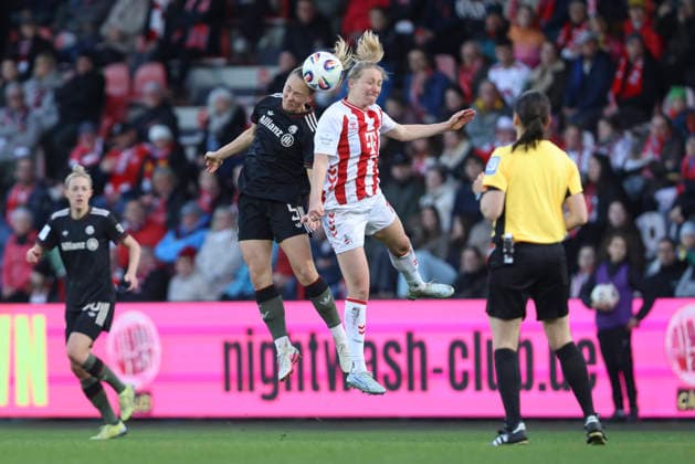 Magdalena Eriksson FC Bayern München and Pauline Bremer 1 FC Köln in a duel during the Woman Bundesliga match between 1 FC Köln and Bayern München, Franz Kremer Stadion on March 15 in Cologne, Germany Photo by Oliver Kaelke DeFodi Images Magdalena Eriksson FC Bayern München and Pauline Bremer 1 FC Köln battle for the ball during the Woman Bundesliga match between 1 FC Köln and Bayern München at Franz Kremer Stadion on March 15, 2026 in Cologne, Germany Photo by Oliver Kaelke DeFodi Images DFL regulations prohibit any use of photographs as image sequences and or quasi video Photo by Oliver Kaelke DeFodi Images