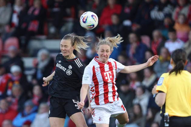 Magdalena Eriksson FC Bayern München and Pauline Bremer 1 FC Köln in a duel during the Woman Bundesliga match between 1 FC Köln and Bayern München, Franz Kremer Stadion on March 15 in Cologne, Germany Photo by Oliver Kaelke DeFodi Images Magdalena Eriksson FC Bayern München and Pauline Bremer 1 FC Köln battle for the ball during the Woman Bundesliga match between 1 FC Köln and Bayern München at Franz Kremer Stadion on March 15, 2026 in Cologne, Germany Photo by Oliver Kaelke DeFodi Images DFL regulations prohibit any use of photographs as image sequences and or quasi video Photo by Oliver Kaelke DeFodi Images