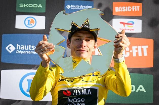 Danish Jonas Vingegaard of Team Visma-Lease a Bike celebrates with the trophy on the podium after winning the general classification after the final stage of 84th edition of the Paris-Nice cycling race, a race from Nice to Nice (129,2 km), on Sunday 15 March 2026. DAVIDxPINTENS  x167587889x