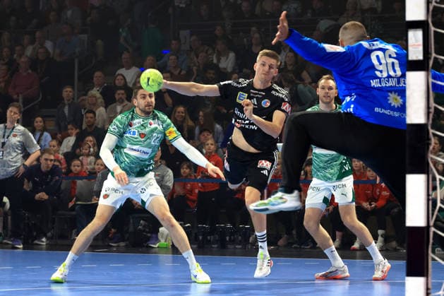 DEU, DHB, 1 HBL, Fuechse Berlin vs Erlangen, 15 03 2026, Max Schmeling Halle, Berlin, DEU, DHB, 1 HBL, Fuechse Berlin vs Erlangen, pictured Nejc Cehte Fuechse Berlin 22 , Mathias Gidsel Fuechse Berlin 19 , Dejan Milosavljev Fuechse Berlin 96 , Sander Overjordet Erlangen 8 nordphotoxGmbHx xEngler nph00076