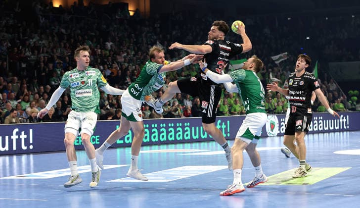 Lasse Andersson, Max Darj, Tobias Buck on the ball, Mathias Gidsel duel Game scene Action Sport Handball HBL Bundesliga Men 25 Matchday Season 2025 2026 15 03 2026 Füchse Berlin vs HC Erlangen HCE