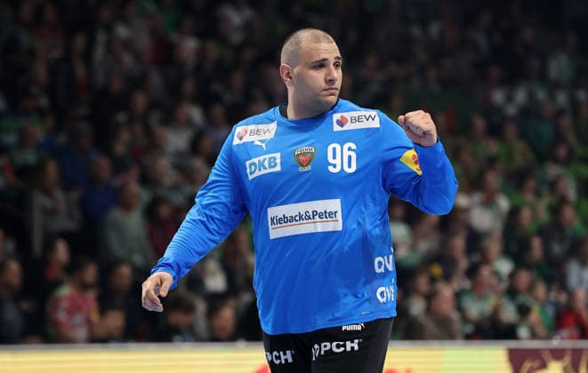 Goalkeeper Dejan Milosavljev celebrates after a save Joy Emotion Cheers Sport Handball HBL Bundesliga Men 25 Matchday Season 2025 2026 15 03 2026 Füchse Berlin vs HC Erlangen HCE