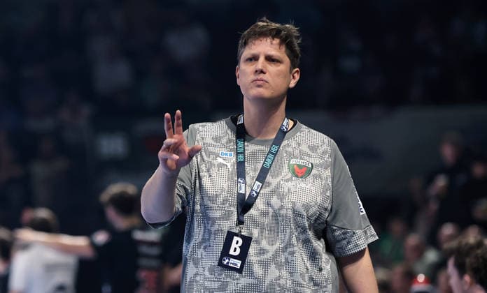Coach Nicolej Krickau gives instructions Upper body action Sport Handball HBL Bundesliga Men 25 Matchday Season 2025 2026 15 03 2026 Füchse Berlin vs HC Erlangen HCE