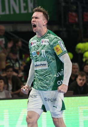 Lasse Andersson celebrates after scoring Joy Emotion Cheers Sport Handball HBL Bundesliga Men 25 Matchday Season 2025 2026 15 03 2026 Füchse Berlin vs HC Erlangen HCE