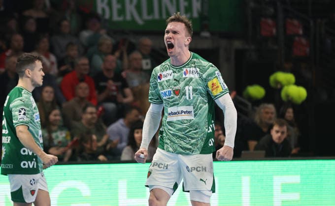 Lasse Andersson celebrates after scoring Joy Emotion Cheers Sport Handball HBL Bundesliga Men 25 Matchday Season 2025 2026 15 03 2026 Füchse Berlin vs HC Erlangen HCE