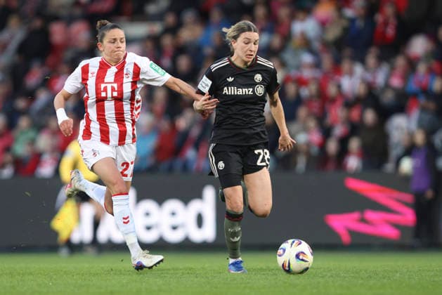Laura Feiersinger 1 FC Köln and Barbara Dunst FC Bayern München in a duel during the Woman Bundesliga match between 1 FC Köln and Bayern München, Franz Kremer Stadion on March 15 in Cologne, Germany Photo by Oliver Kaelke DeFodi Images Laura Feiersinger 1 FC Köln and Barbara Dunst FC Bayern München battle for the ball during the Woman Bundesliga match between 1 FC Köln and Bayern München at Franz Kremer Stadion on March 15, 2026 in Cologne, Germany Photo by Oliver Kaelke DeFodi Images DFL regulations prohibit any use of photographs as image sequences and or quasi video Photo by Oliver Kaelke DeFodi Images