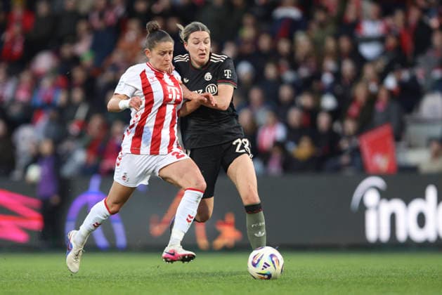 Laura Feiersinger 1 FC Köln and Barbara Dunst FC Bayern München in a duel during the Woman Bundesliga match between 1 FC Köln and Bayern München, Franz Kremer Stadion on March 15 in Cologne, Germany Photo by Oliver Kaelke DeFodi Images Laura Feiersinger 1 FC Köln and Barbara Dunst FC Bayern München battle for the ball during the Woman Bundesliga match between 1 FC Köln and Bayern München at Franz Kremer Stadion on March 15, 2026 in Cologne, Germany Photo by Oliver Kaelke DeFodi Images DFL regulations prohibit any use of photographs as image sequences and or quasi video Photo by Oliver Kaelke DeFodi Images
