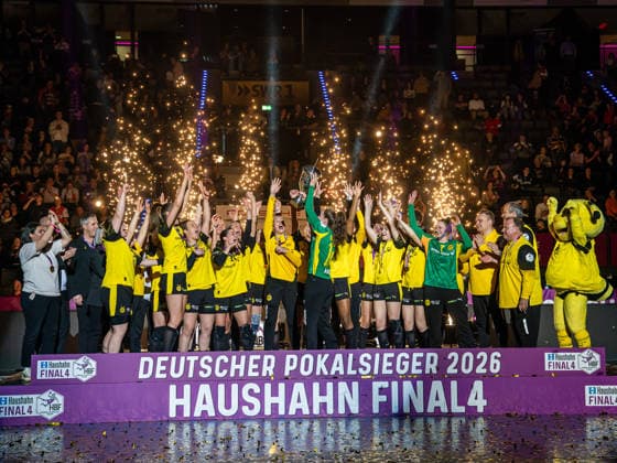 Great jubilation at Borussia Dortmund after winning the DHB Cup, HSG Bensheim Auerbach vs Borussia Dortmund, Handball, DHB Cup Haushahn Final 4, Final, Season 2025 2026, 15 03 2026 HSG Bensheim Auerbach vs Borussia Dortmund, Handball, DHB Cup Haushahn Final 4, Final, Season 2025 2026, 15 03 2026 Stuttgart Copyright: xMichaelxSchmidt Eibner-Pressefotx EP_MST