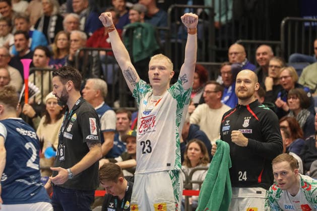 15 03 2026, xgox, Handball Daikin HBL Bergischer HC SC Magdeburg emspor, v l Magnus Saugstrup Magdeburg, 23 Jubel, Torjubel, jubelt ueber das Tor, celebrate the goal, celebration Duesseldorf
