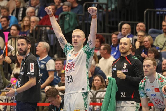 15 03 2026, xgox, Handball Daikin HBL Bergischer HC SC Magdeburg emspor, v l Magnus Saugstrup Magdeburg, 23 Jubel, Torjubel, jubelt ueber das Tor, celebrate the goal, celebration Duesseldorf
