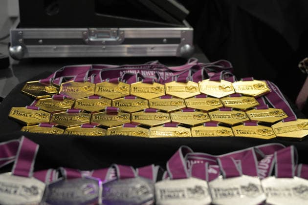 the gold medals for the winners of the DHB Cup HSG Bensheim Auerbach vs BVB Borussia Dortmund Handball, Handball, Women, DHB Cup Haushahn Final 4, Final, Season 2025 2026, 15 03 2026 HSG Bensheim Auerbach vs BVB Borussia Dortmund Handball, Handball, Women, DHB Cup Haushahn Final 4, Final, Season 2025 2026, 15 03 2026 Stuttgart Copyright: xEibner-Pressefoto TobiasxBaurx EP_TBR