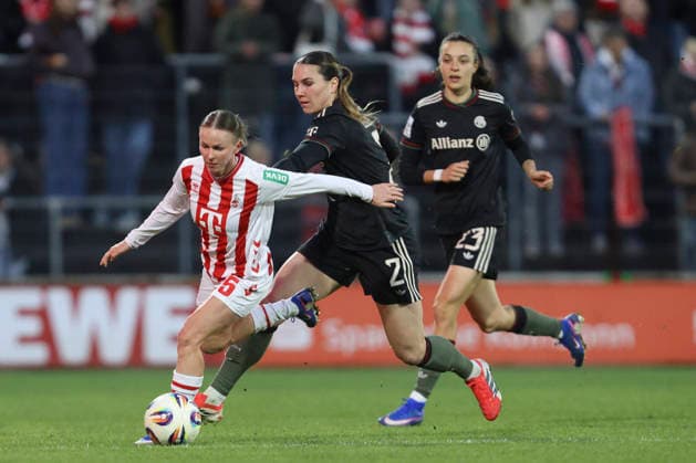 Laura Donhauser 1 FC Köln and Vanessa Gilles FC Bayern München in a duel during the Woman Bundesliga match between 1 FC Köln and Bayern München, Franz Kremer Stadion on March 15 in Cologne, Germany Photo by Oliver Kaelke DeFodi Images Laura Donhauser 1 FC Köln and Vanessa Gilles FC Bayern München battle for the ball during the Woman Bundesliga match between 1 FC Köln and Bayern München at Franz Kremer Stadion on March 15, 2026 in Cologne, Germany Photo by Oliver Kaelke DeFodi Images DFL regulations prohibit any use of photographs as image sequences and or quasi video Photo by Oliver Kaelke DeFodi Images
