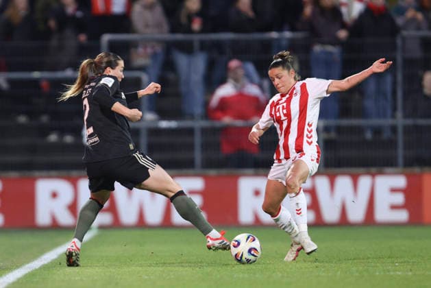 Vanessa Gilles FC Bayern München and Laura Feiersinger 1 FC Köln in a duel during the Woman Bundesliga match between 1 FC Köln and Bayern München, Franz Kremer Stadion on March 15 in Cologne, Germany Photo by Oliver Kaelke DeFodi Images Vanessa Gilles FC Bayern München and Laura Feiersinger 1 FC Köln battle for the ball during the Woman Bundesliga match between 1 FC Köln and Bayern München at Franz Kremer Stadion on March 15, 2026 in Cologne, Germany Photo by Oliver Kaelke DeFodi Images DFL regulations prohibit any use of photographs as image sequences and or quasi video Photo by Oliver Kaelke DeFodi Images
