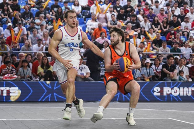 FIBA 3x3 Champions Cup 2026 Serbia s Stefan Milivojevic competes against the Netherlands Maarten Bouwknecht during the Men s FIBA 3x3 Basketball Champions Cup 2026 third place match between the Netherlands and Serbia in Bangkok, Thailand, on March 15, 2026. Bangkok Bangkok Thailand  Copyright: xAnusakxLaowilasx originalFilename:laowilas-notitle260315_npBth.jpg
