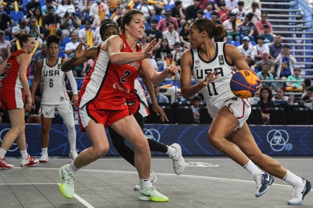 FIBA 3x3 Champions Cup 2026 Canada s Katherine Plouffe competes against USA s Naz Hillmo during the Women s FIBA Basketball 3x3 Champions Cup 2026 third place match between the Netherlands and Serbia in Bangkok, Thailand, on March 15, 2026. Bangkok Bangkok Thailand  Copyright: xAnusakxLaowilasx originalFilename:laowilas-notitle260315_npMh6.jpg