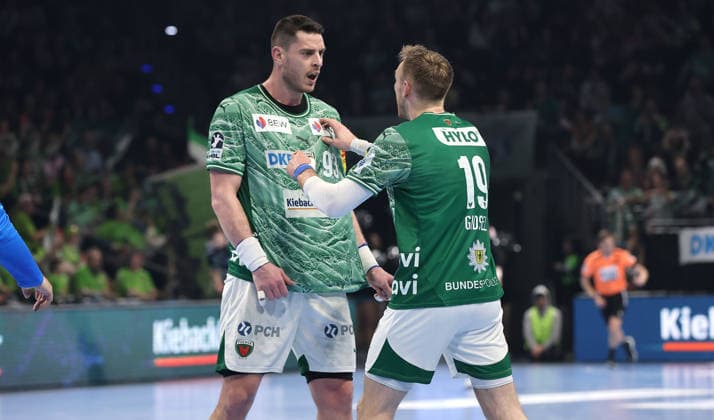 Mijajlo Marsenic cheers with Mathias Gidsel Joy Emotion Jubilation Sport Handball HBL Bundesliga Men 25 Matchday Season 2025 2026 15 03 2026 Füchse Berlin vs HC Erlangen HCE