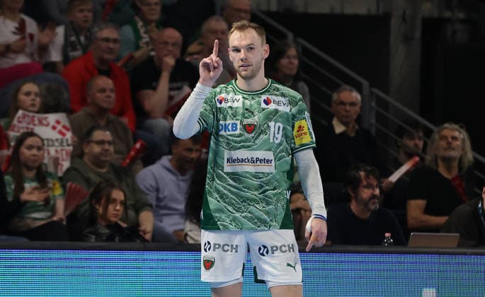 Mathias Gidsel showing action upper body Sport Handball HBL Bundesliga Men 25 Matchday Season 2025 2026 15 03 2026 Füchse Berlin vs HC Erlangen HCE