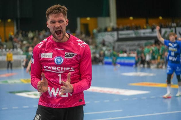 Mateusz Kornecki TVB Stuttgart, 01 cheers after a deflected 7 meter throw SC DHfK Leipzig vs TVB Stuttgart, Handball, 1 Handball Bundesliga, 25 Matchday, Season 2025 2026, 15 03 2026 SC DHfK Leipzig vs TVB Stuttgart, Handball, 1 Handball Bundesliga, 25 Matchday, Season 2025 2026, 15 03 2026 Leipzig Copyright: xEibner-Pressefoto PiaxSchindlerx EP_PSR