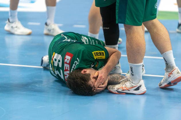 Dean Bombac SC DHfK Leipzig, 67 lies on the ground after a foul SC DHfK Leipzig vs TVB Stuttgart, Handball, 1 Handball Bundesliga, 25 Matchday, Season 2025 2026, 15 03 2026 SC DHfK Leipzig vs TVB Stuttgart, Handball, 1 Handball Bundesliga, 25 Matchday, Season 2025 2026, 15 03 2026 Leipzig Copyright: xEibner-Pressefoto PiaxSchindlerx EP_PSR