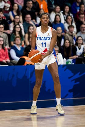 LYON-VILLEURBANNE, FRANCE - MARCH 15: Valeriane Ayayi (France, 11) controls the ball during the FIBA Women™s World Cup Qualifying Tournament match between France (FRA) vs. Nigeria (NGR) at Astroballe on matchday 4 of the FIBA Women™s World Cup Qualifying Tournament on March 15, 2026 in Lyon-Villeurbanne, France. France Copyright: xSteffiexWunderlx