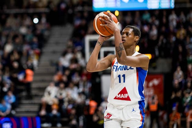 LYON-VILLEURBANNE, FRANCE - MARCH 15: Valeriane Ayayi (France, 11) shoots the ball during the FIBA Women™s World Cup Qualifying Tournament match between France (FRA) vs. Nigeria (NGR) at Astroballe on matchday 4 of the FIBA Women™s World Cup Qualifying Tournament on March 15, 2026 in Lyon-Villeurbanne, France. France Copyright: xSteffiexWunderlx