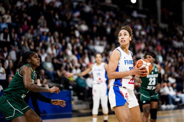 LYON-VILLEURBANNE, FRANCE - MARCH 15: Marieme Badiane (France, 22) controls the ball during the FIBA Women™s World Cup Qualifying Tournament match between France (FRA) vs. Nigeria (NGR) at Astroballe on matchday 4 of the FIBA Women™s World Cup Qualifying Tournament on March 15, 2026 in Lyon-Villeurbanne, France. France Copyright: xSteffiexWunderlx