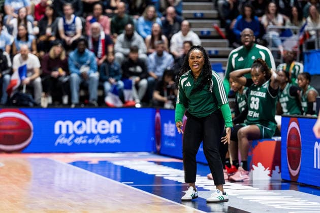 LYON-VILLEURBANNE, FRANCE - MARCH 15: Rena Wakama (Head Coach Nigeria) yells and gestures during the FIBA Women™s World Cup Qualifying Tournament match between France (FRA) vs. Nigeria (NGR) at Astroballe on matchday 4 of the FIBA Women™s World Cup Qualifying Tournament on March 15, 2026 in Lyon-Villeurbanne, France. France Copyright: xSteffiexWunderlx