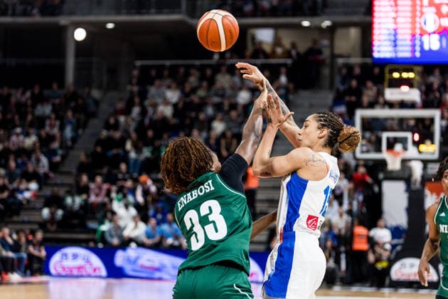 LYON-VILLEURBANNE, FRANCE - MARCH 15: Gabby Williams (France, 15) controls the ball against Nicole Enabosi (Nigeria, 33) during the FIBA Women™s World Cup Qualifying Tournament match between France (FRA) vs. Nigeria (NGR) at Astroballe on matchday 4 of the FIBA Women™s World Cup Qualifying Tournament on March 15, 2026 in Lyon-Villeurbanne, France. France Copyright: xSteffiexWunderlx