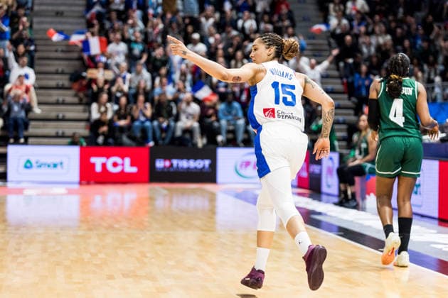 LYON-VILLEURBANNE, FRANCE - MARCH 15: Gabby Williams (France, 15) cheers after a successful three pointer during the FIBA Women™s World Cup Qualifying Tournament match between France (FRA) vs. Nigeria (NGR) at Astroballe on matchday 4 of the FIBA Women™s World Cup Qualifying Tournament on March 15, 2026 in Lyon-Villeurbanne, France. France Copyright: xSteffiexWunderlx