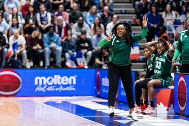 LYON-VILLEURBANNE, FRANCE - MARCH 15: Rena Wakama (Head Coach Nigeria) gestures during the FIBA Women™s World Cup Qualifying Tournament match between France (FRA) vs. Nigeria (NGR) at Astroballe on matchday 4 of the FIBA Women™s World Cup Qualifying Tournament on March 15, 2026 in Lyon-Villeurbanne, France. France Copyright: xSteffiexWunderlx