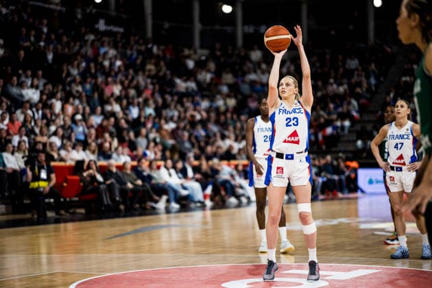 LYON-VILLEURBANNE, FRANCE - MARCH 15: Marine Johannes (France, 23) shoots the ball from the freethrow line during the FIBA Women™s World Cup Qualifying Tournament match between France (FRA) vs. Nigeria (NGR) at Astroballe on matchday 4 of the FIBA Women™s World Cup Qualifying Tournament on March 15, 2026 in Lyon-Villeurbanne, France. France Copyright: xSteffiexWunderlx