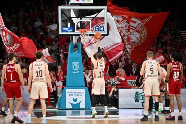 BAMBERG 15 03 2026 Basketball easycredit 1 Basketball Bundesliga 24 Matchday Bamberg Baskets vs FC Bayern Munich Basketball Andreas Obst 13, FC Bayern Munich at the free throw shortly before the end Bamberg Baskets vs FC Bayern Munich Basketball