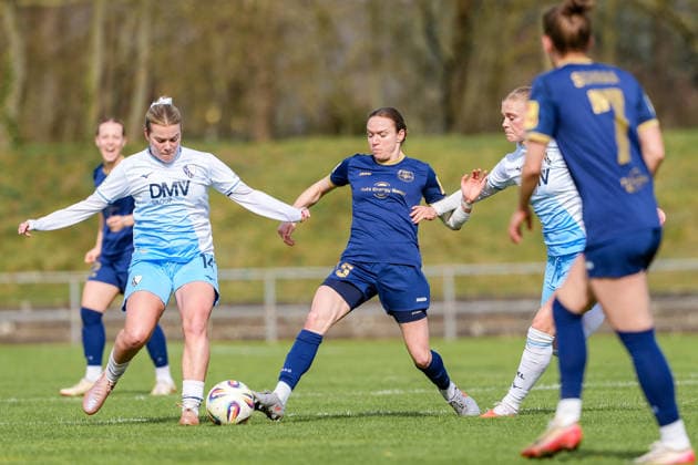 15 03 2026, Soccer, 2 Womens Bundesliga, 2025 2026, Matchday 19, SG 99 Andernach VfL Bochum Lara Kirkby 14 Bochum , Vanessa Zilligen 15 Andernach and Andernach Stadium Rhineland-Palatinate Germany