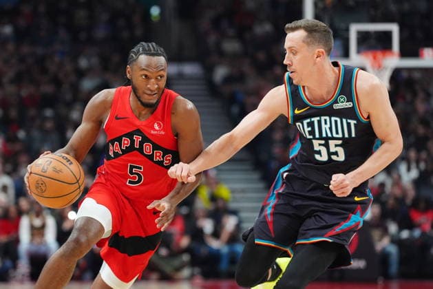 March 15, 2026, Toronto, On, Canada: Toronto Raptors guard Immanuel Quickley (5) controls the ball as he looks up court and Detroit Pistons forward Duncan Robinson (55) defends during first half NBA, Basketball Herren, USA basketball action in Toronto on Sunday, March 15, 2026. Canada News - March 15, 2026  - ZUMAc35_ 20260315_zaf_c35_082 Copyright: xFrankxGunnx