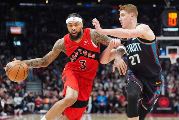 March 15, 2026, Toronto, On, Canada: Toronto Raptors forward Brandon Ingram (3) moves the ball up court as Detroit Pistons guard Kevin Huerter (27) defends during first half NBA, Basketball Herren, USA basketball action in Toronto on Sunday, March 15, 2026. Canada News - March 15, 2026  - ZUMAc35_ 20260315_zaf_c35_089 Copyright: xFrankxGunnx