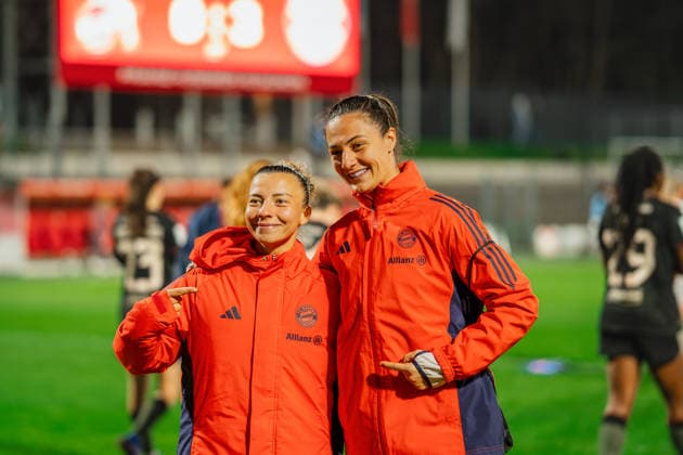 Arianna Caruso FC Bayern Muenchen, 27 and Maria Luisa Grohs FC Bayern Muenchen, 01 pose after the match 1 FC Köln vs FC Bayern München, Football, Google Pixel Womens Bundesliga, Matchday 20, Season 2025 26, 15 03 2026, 1 FC Köln vs FC Bayern München, Football, Google Pixel Womens Bundesliga, Matchday 20, Season 2025 26, 13 03 2026 Köln Copyright: xEibner-Pressefoto LukasxBaldygax EP_LBA