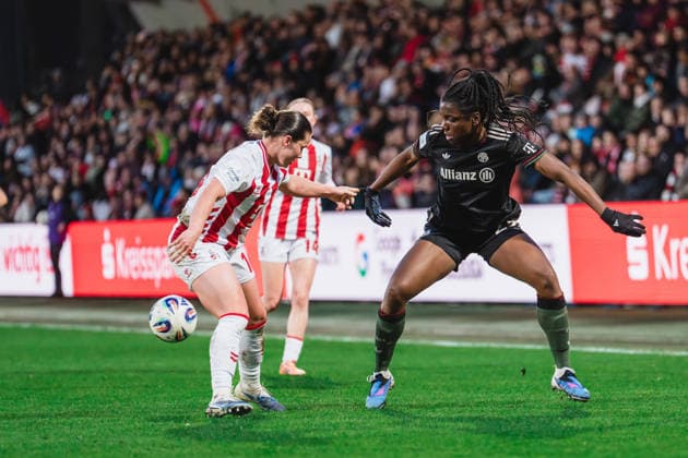 Amelie Bohnen 1 FC Koeln, 15 in duel with Edna Imade FC Bayern Muenchen, 29 1 FC Cologne vs FC Bayern Munich, Football, Google Pixel Womens Bundesliga, Matchday 20, Season 2025 26, 15 03 2026, 1 FC Cologne vs FC Bayern Munich, Football, Google Pixel Womens Bundesliga, Matchday 20, Season 2025 26, 13 03 2026 Cologne Copyright: xEibner-Pressefoto LukasxBaldygax EP_LBA