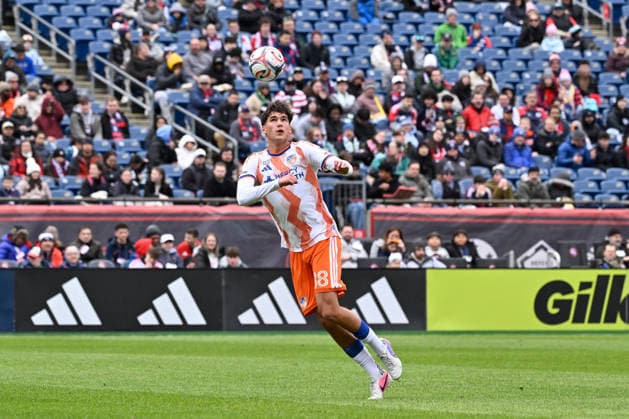 March 15, 2026; Foxborough, Massachusetts; FC Cincinnati defender Andrei Chirila (88) heads the ball during the first half against the New England Revolution at Gillette Stadium. CSM Foxborough USA - ZUMAc04_ 20260315_faf_c04_003 Copyright: xEricxCanhax