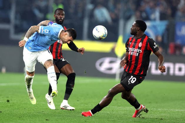 CALCIO - Serie A - SS Lazio vs AC Milan Rome, Italy - March 15, 2026: Mattia Zaccagni (attacking midfielder) of SS Lazio, Youssouf Fofana (midfielder) of AC Milan seen in action during the Serie A Enilive 2025-2026 football match between S.S. Lazio vs A.C. Milan at Olympic Stadium. Rome Italy  Copyright: xIPAxSport ABACAx