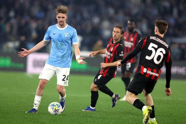 CALCIO - Serie A - SS Lazio vs AC Milan Rome, Italy - March 15, 2026: Kenneth Taylor (central midfielder) of SS Lazio, Luka Modric (midfielder) of AC Milan seen in action during the Serie A Enilive 2025-2026 football match between S.S. Lazio vs A.C. Milan at Olympic Stadium. Rome Italy  Copyright: xIPAxSport ABACAx