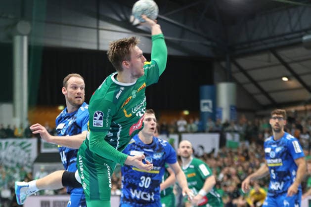 Handball DAIKIN HBL, SC DHfK Leipzig TVB Stuttgart 15 03 2026 Franz Semper 32, SC DHfK Leipzig throwing Handball, DAIKIN HBL, 1 Bundesliga, Season 2025 2026, 25 Matchday SC DHfK Leipzig vs TVB Stuttgart on 15 03 2026 at Quarterback Immobilien Arena Leipzig Copyright: xBEAUTIFULxSPORTS JanxKaeferx