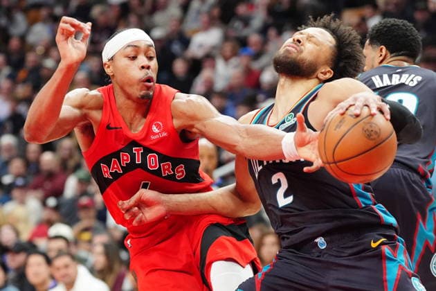 March 15, 2026, Toronto, On, Canada: Toronto Raptors forward Scottie Barnes (4) picks up a foul on Detroit Pistons guard Cade Cunningham (2) during first half NBA, Basketball Herren, USA basketball action in Toronto on Sunday, March 15, 2026. Canada News - March 15, 2026  - ZUMAc35_ 20260315_zaf_c35_118 Copyright: xFrankxGunnx