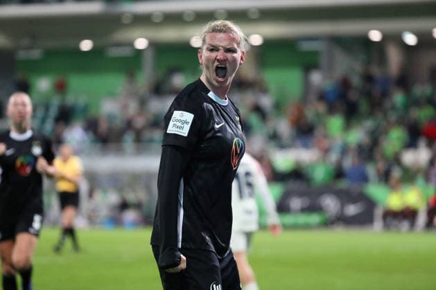 VfL vs Leverkusen, BL Women Wolfsburg, 15 03 2026, Football, Women, Google Pixel Bundesliga, Season 2025 2026, VfL Wolfsburg vs Bayer 04 Leverkusen, Alexandra Popp VfL Wolfsburg cheers after her header goal for 2 0 AOK Stadion Niedersachsen Germany