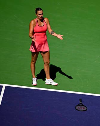 March 15, 2026 Aryna Sabalenka reacts to missing a shot against Elena Rybakina of Kazakhstan during their Women s Singles Finals match at the BNP Paribas Open held at the Indian Wells Tennis Garden in Indian Wells, California. Mandatory Photo Credit : CSM Tennis 2026: BNP Paribas Open MAR 15  - ZUMAc04_ 20260315_zma_c04_004 Copyright: xCharlesxBausx