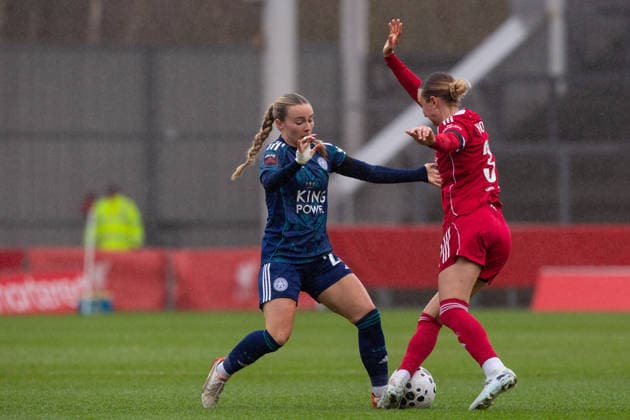 ST HELENS, ENGLAND - MARCH 15. Olivia Mcloughlin of Leicester City tackles Martha Thomas of Liverpool at St Helens Stadium on March 15 2026 in St Helens, England. Copyright: xSeanxWalshx Sportspressphoto_SPR111050