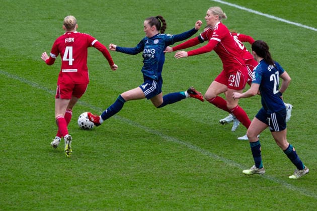ST HELENS, ENGLAND - MARCH 15. Missy Goodwin of Leicester City shoots towards goal at St Helens Stadium on March 15 2026 in St Helens, England. Copyright: xSeanxWalshx Sportspressphoto_SPR111106