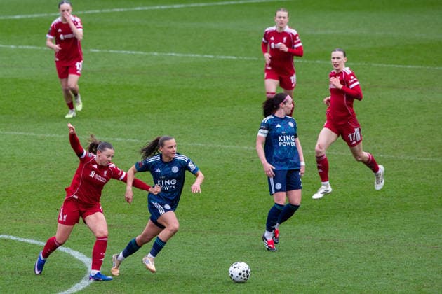 ST HELENS, ENGLAND - MARCH 15. Cornelia Kapocs of Liverpool fouls Sarah Mayling of Leicester City at St Helens Stadium on March 15 2026 in St Helens, England. Copyright: xSeanxWalshx Sportspressphoto_SPR111123