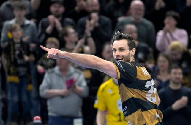 15 03 2026, Dresdens Sebastian Greß celebrates after the win, Handball, 2 Bundesliga, HC Elbflorenz Dresden HSC Coburg, c Dresden