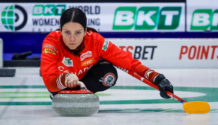 March 15, 2026, Calgary, Ab, CANADA: Team Canada skip Kerri Einarson delivers a stone against China at the World Women™s Curling Championship in Calgary, Sunday, March 15, 2026. Kerri Einarson  - ZUMAc35_ 20260315_zaf_c35_146 Copyright: xJeffxMcintoshx